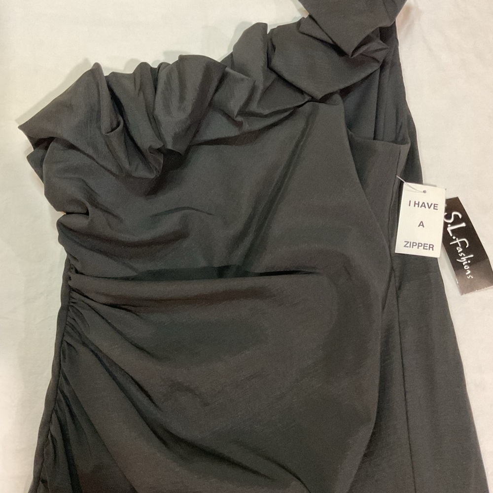 S.L. Fashions one shoulder ruffle Black Dress size 14 - Picture 4 of 7